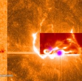 Это комбинированное изображение показывает солнечную вспышку Х-класса, произошедшую 29 марта 2014 года.